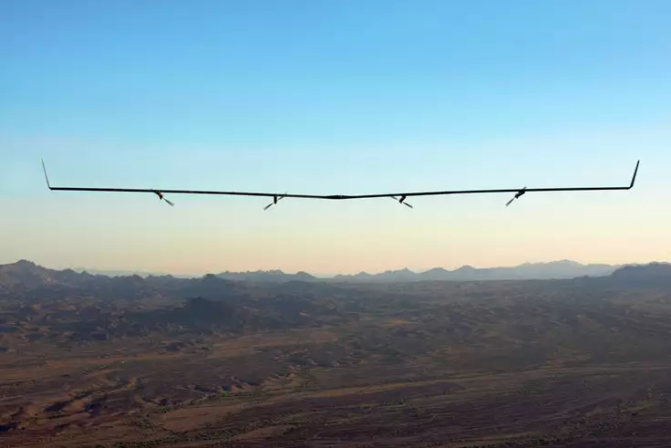 The Aquila drone features four propellers, a carbon fiber frame and wings, an array of solar panels, and a 42-m (138-ft) wingspan – which is greater than that of a Boeing 737 – yet it weighs less than a car
