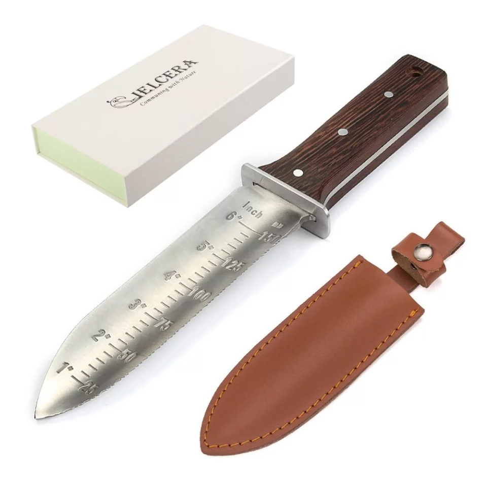 The Cielcera hori hori is a gardening tool that works like a trowel, with two cutting edges, a ruler-like scale in the middle and a solid stainless steel blade