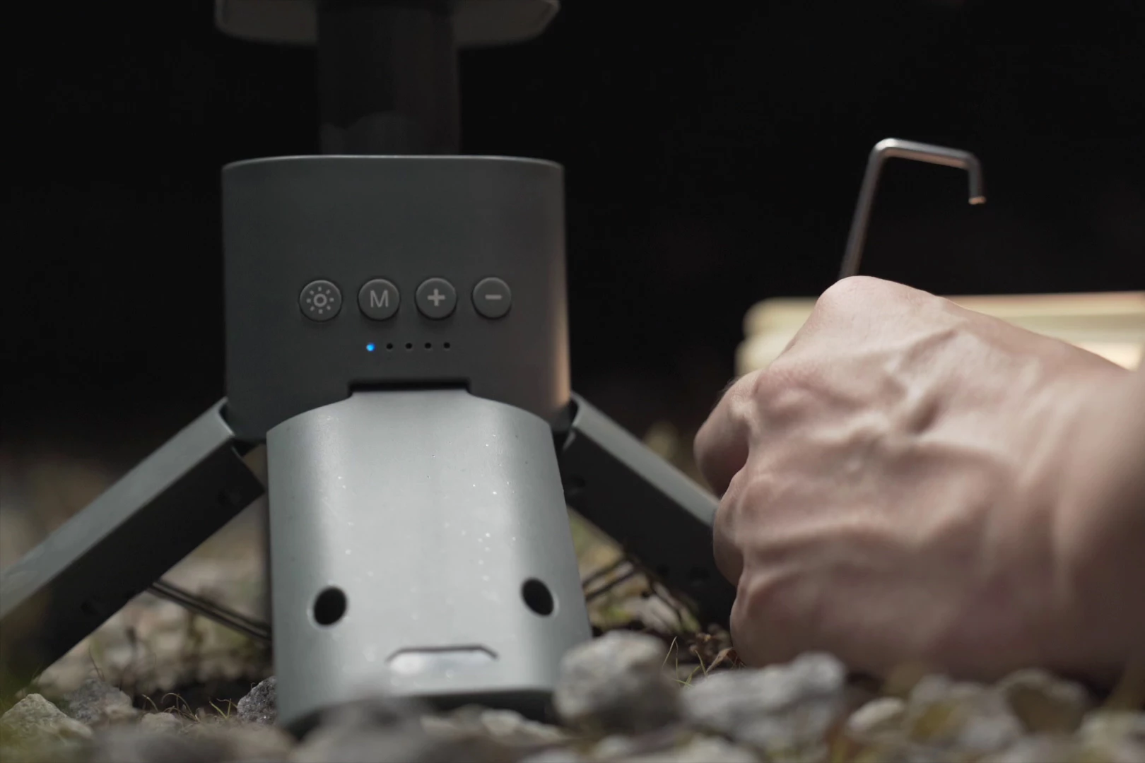 Pictured here being staked down, the Lumina has an ABS/polycarbonate body that is IPX5 water-resistant (meaning it can withstand being sprayed from any direction)