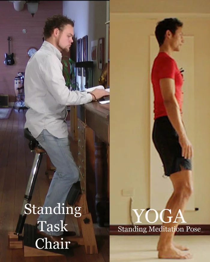 The Standing task Chair helps you adopt and maintain the standing meditation pose normally seen in yoga