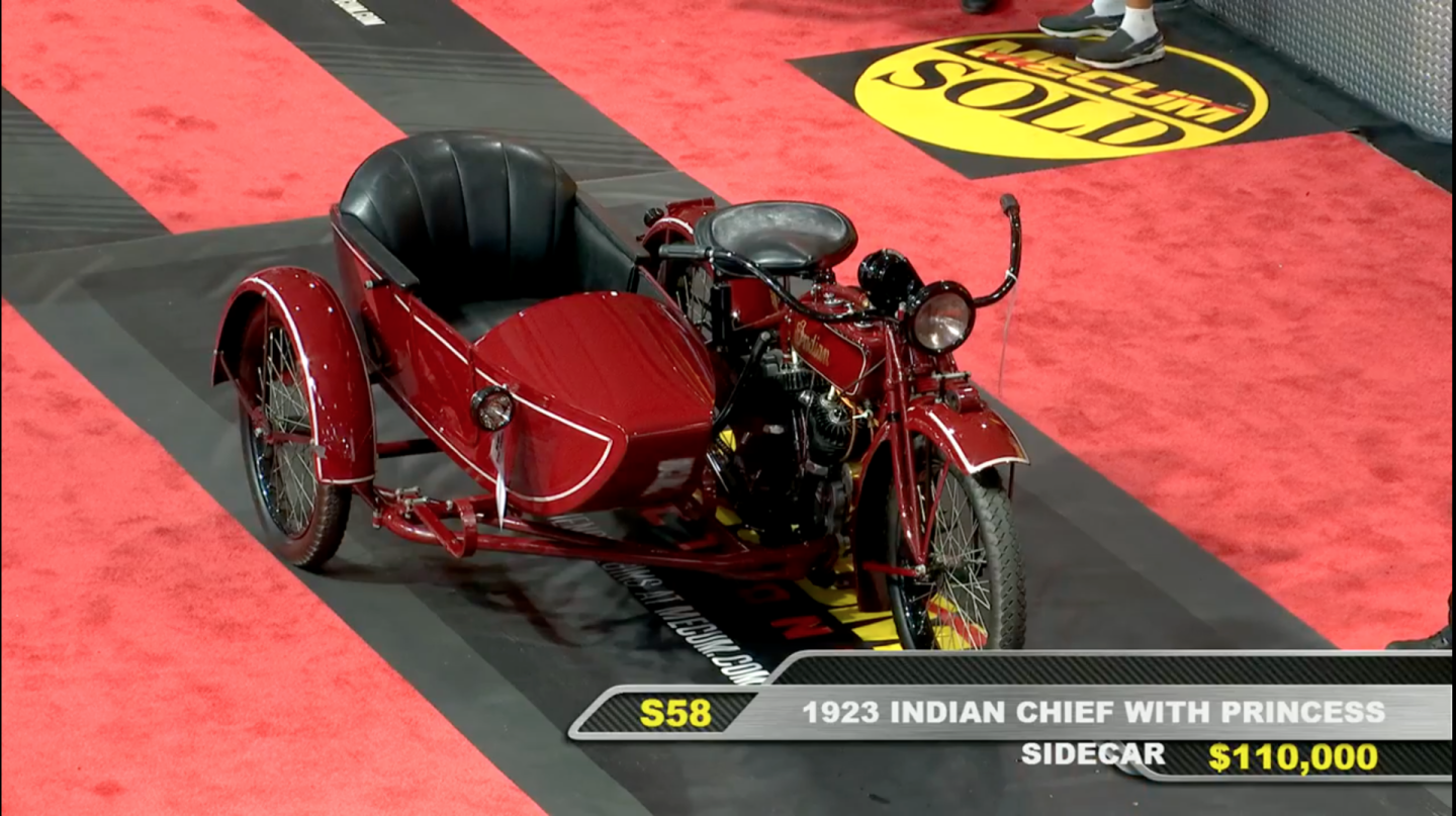 This 1923 Indian Big Chief with Indian Princess Sidecar has been auctioned several times in recent years and invariably fetches more than $100,000 each time because it was once owned by Steve McQueen and restored by McQueen's great mate Kenny Howard, aka "Von Dutch." It sold at Bonhams' 2014 Las Vegas Auction for $126,000, then sold again in Vegas in January 2017 for $110,000. This time it went for $121,000. Official Auction Description