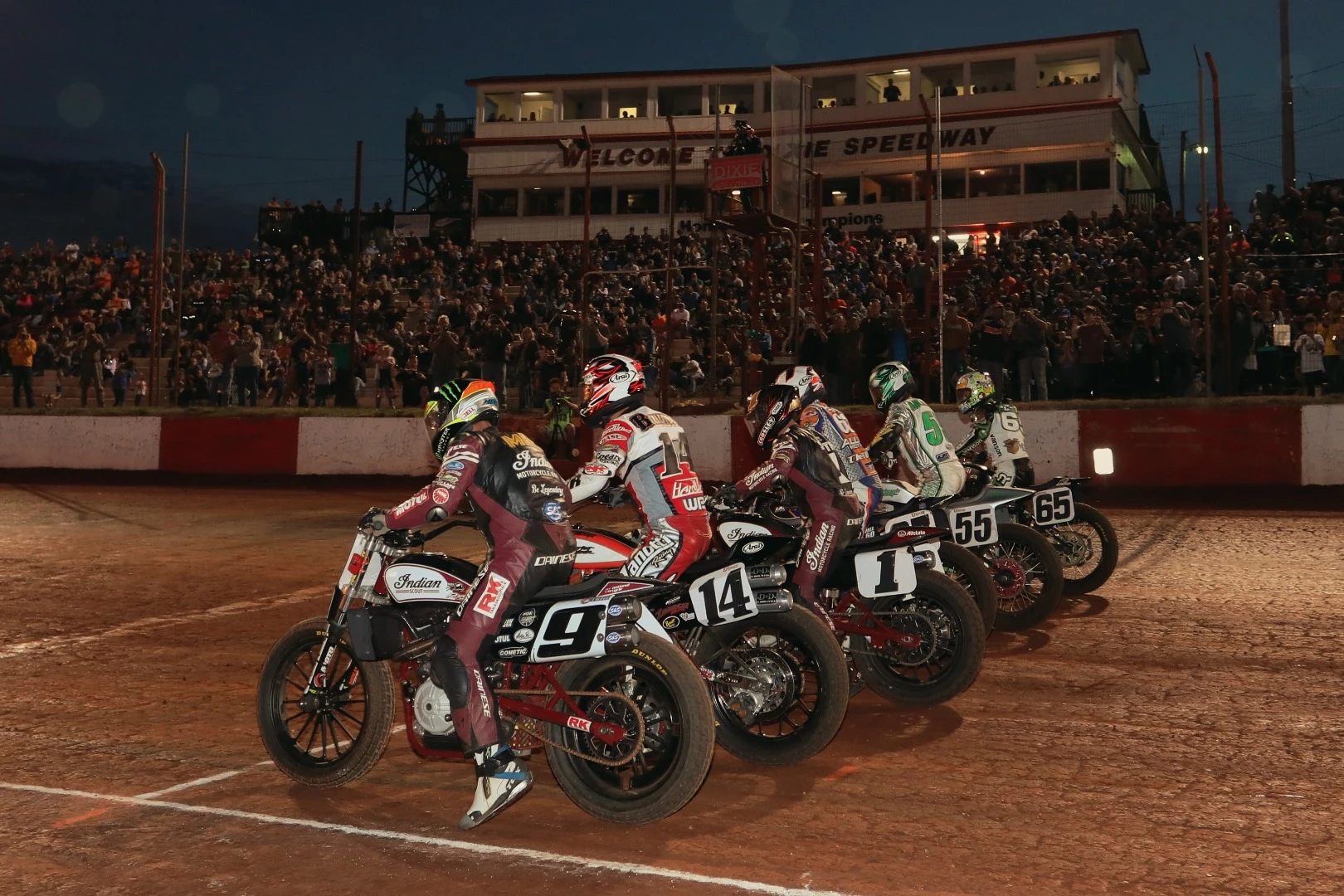 Start of a flat track race heat earlier this year with Jared Mees (#9) and Bryan Smith (#1)