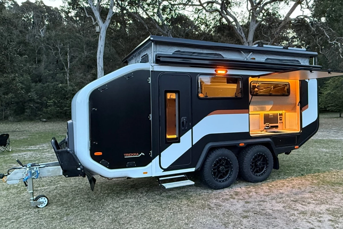 The all-new Trekka from Stockman Products includes a toy storage garage, separate indoor and outdoor kitchens, a bathroom and an electric pop-top,