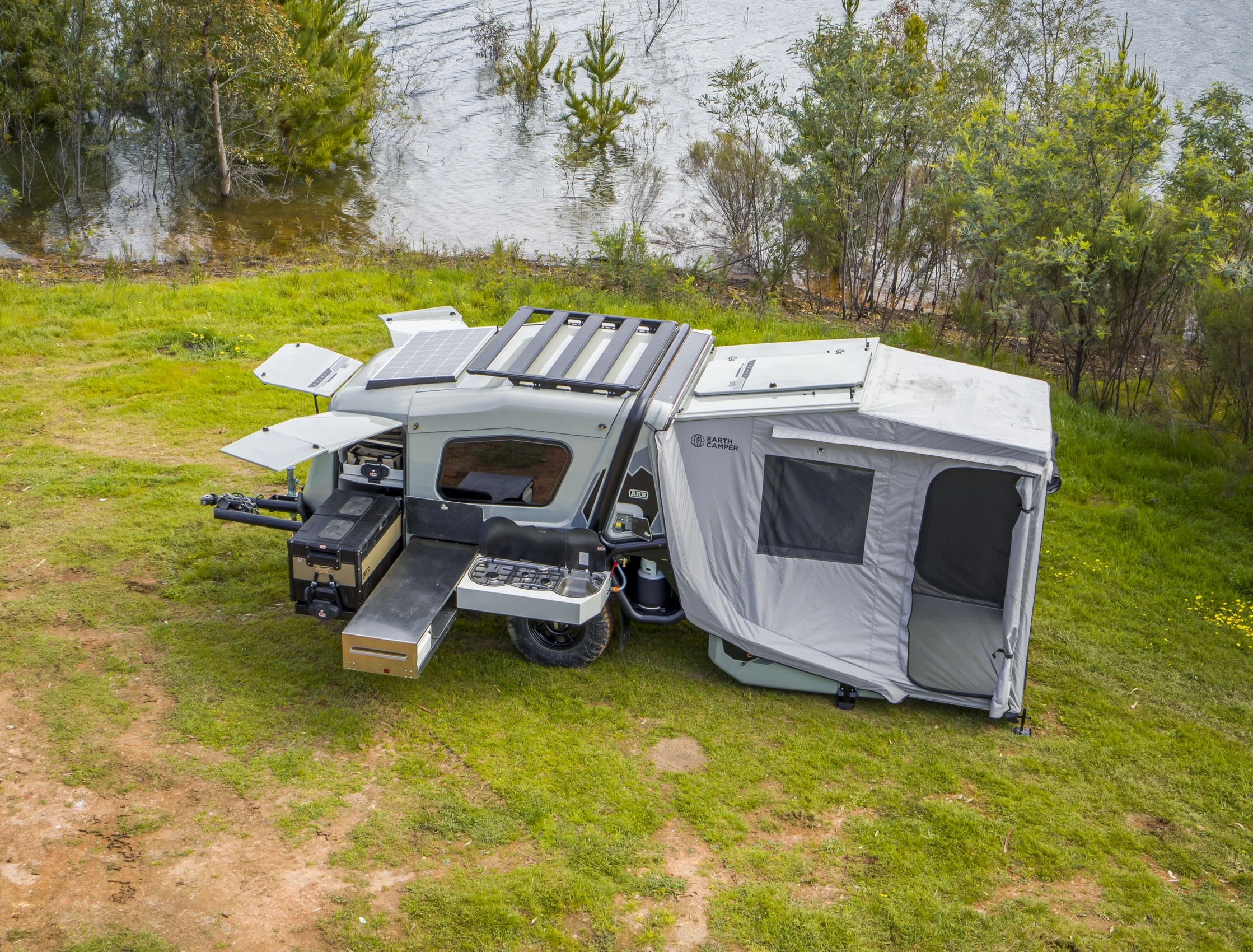 Australian-spec Earth Camper set up into full base camp form - the American version has a more compacted, straight-sliding outdoor c