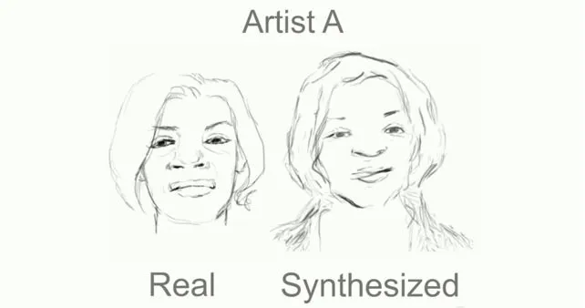 A human artist's sketch (left), and the computer's attempt at a drawing of the same face done in that artist's style