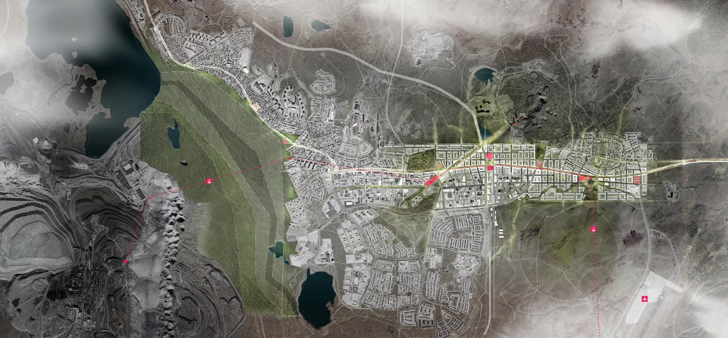 The site plan of Kiruna shows the path of the new cable car (red) crossing over the unstable ground (left), which will be encouraged to revert to its natural state and as open ground for the reindeer herds (Image: White Arkitekter)
