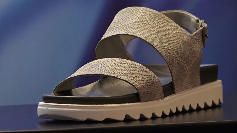 A prototype Freshoes sandal on display in Milan
