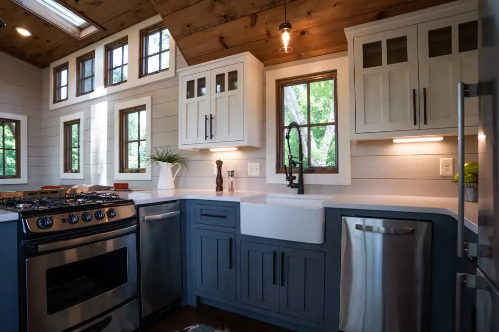 The Denali XL is finished in shiplap walls, stained wood ceilings and hardwood floors inside