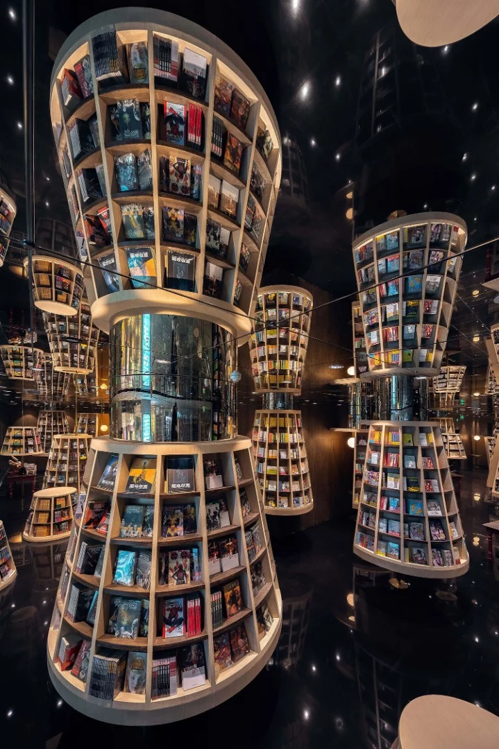 Lampshade inspired bookshelves inside the Chongqing Zhongshuge Bookstore