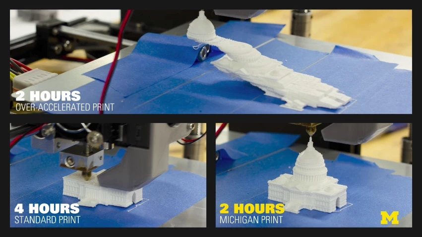 The same item printed at accelerated speed without the algorithms (top), at regular speed without them (bottom left), and at accelerated speed WITH them (bottom right)