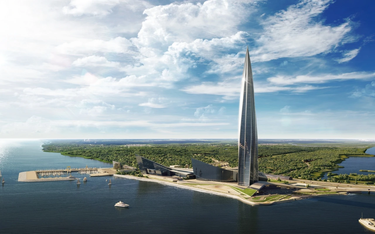 The Lakhta Center takes the form of a spire with five wings that twist a total of 90 degrees from top to bottom