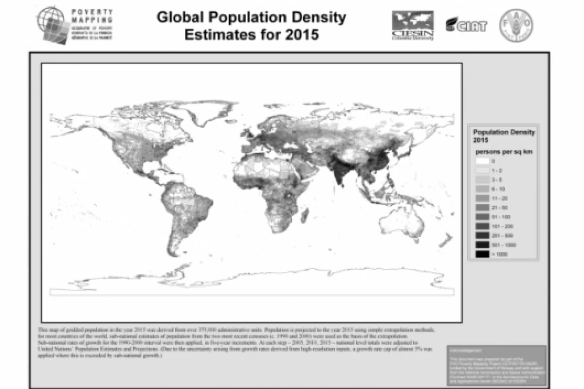 World population density 2015 - from the Global-Rural Mapping Project