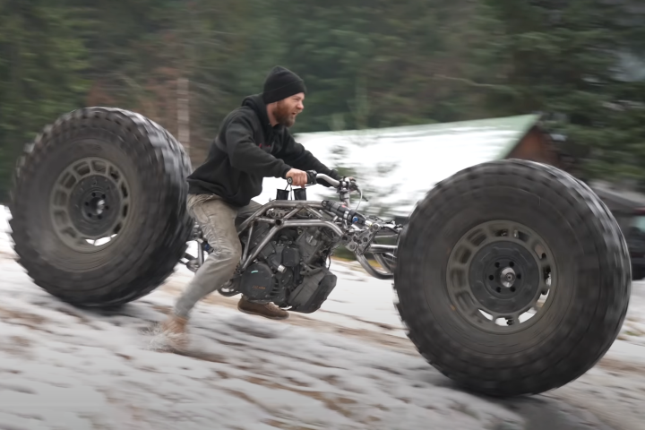 A gravity-powered test ride for the hydraulically-steered Monster Chopper