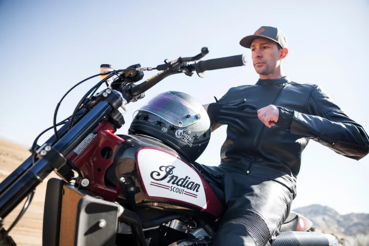 Travis Pastrana aboard the Indian Scout FTR750, a flat track racer that was never designed to fly