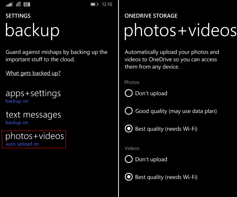 Set Windows Phone 8.1 to back up to OneDrive
