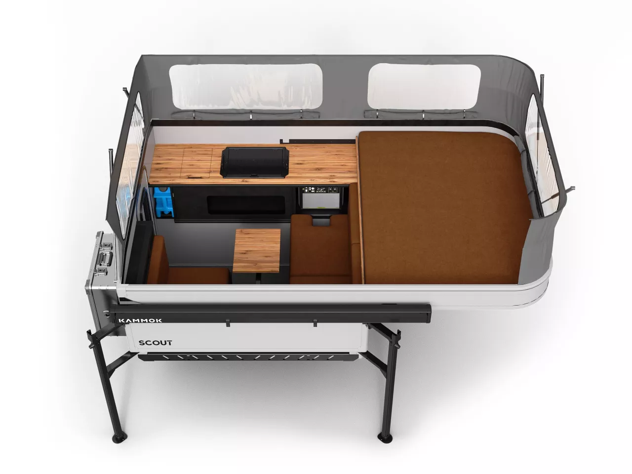 Scout keeps things flexible and ready for indoor and outdoor use with a jerry can water system, portable Goal Zero power station, available indoor/outdoor stove and available fridge box