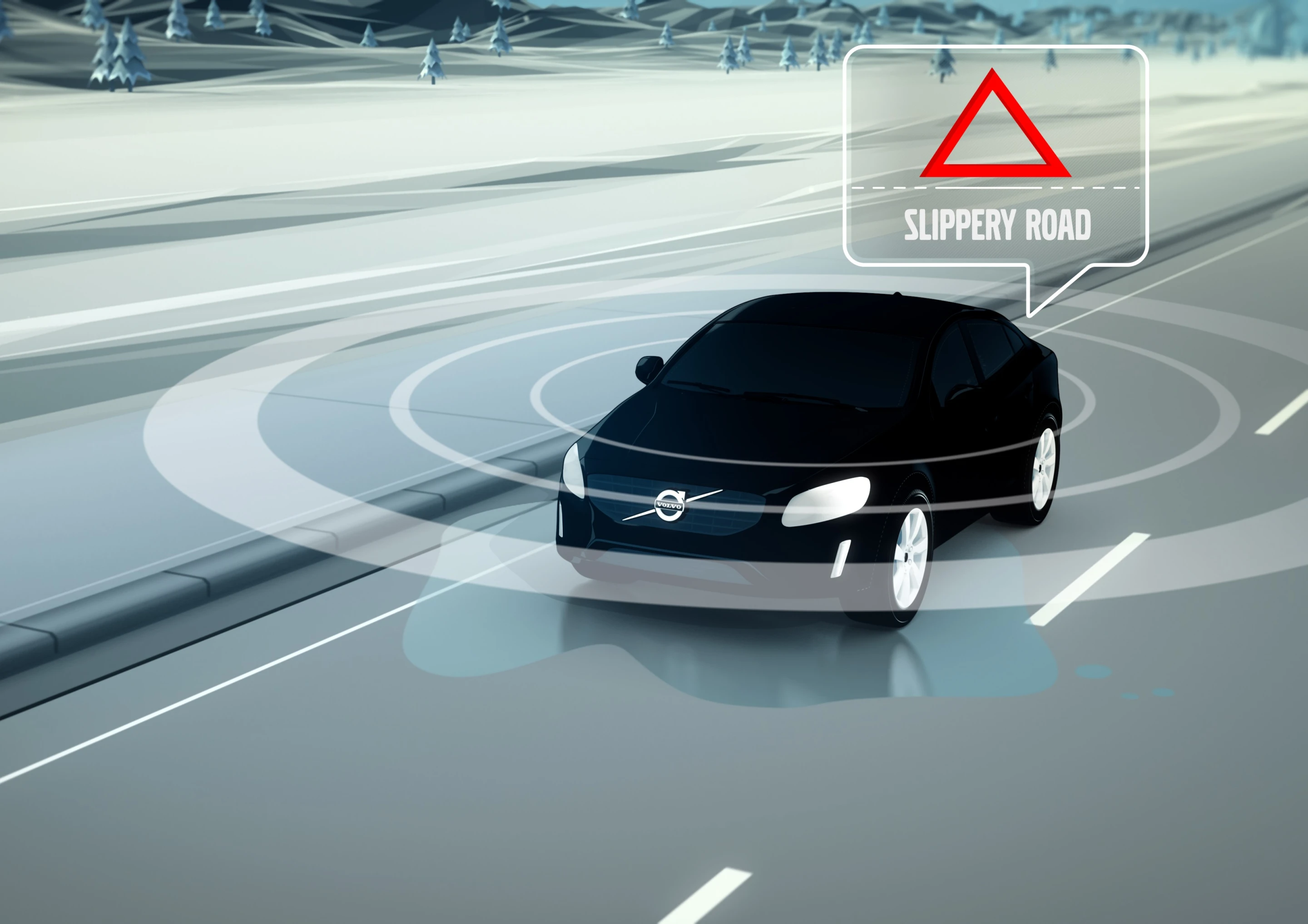 Real-time data about slippery patches on the road is used to warn nearby vehicles nearby