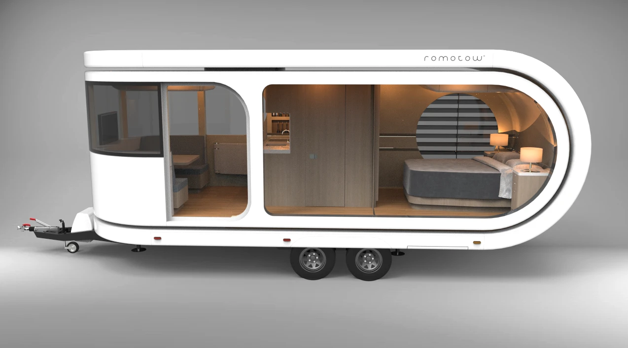 The interior includes a lounge/dining area/kitchen space up front, bathroom amidships, and master bedroom in the rear