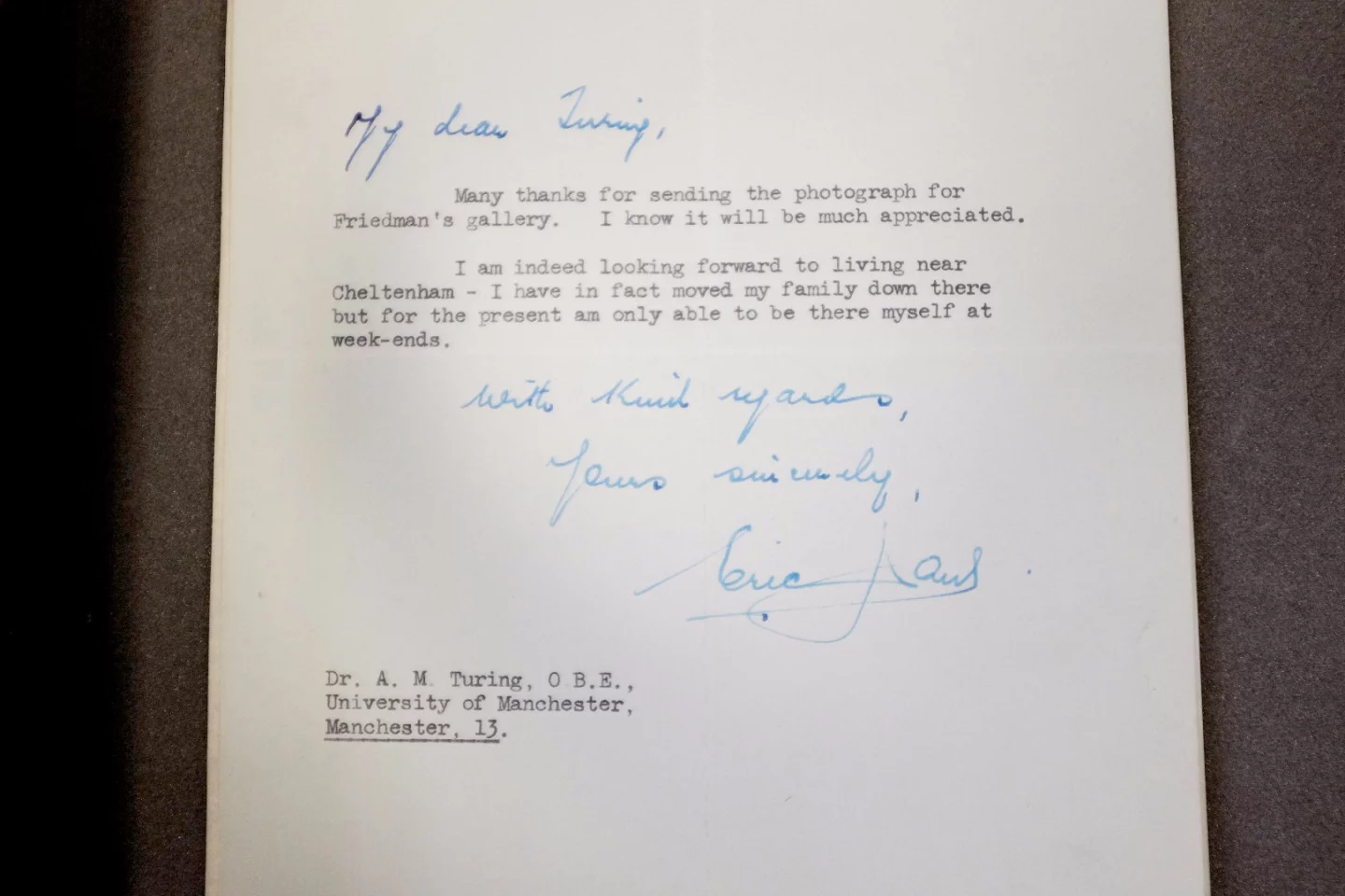 A letter sent to Alan Turing