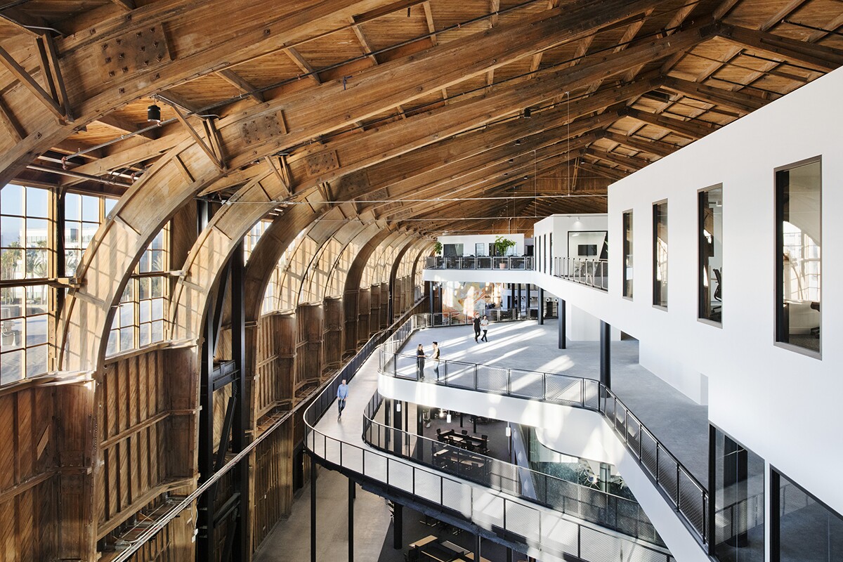 The central spine in the former hangar that now hosts Google's Los Angeles office was carefully dismantled and rebuilt using noncombustible materials