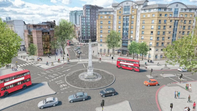 Render depicting the new Cycling Superhighway at St. George’s Circus (Image: Transport for London)