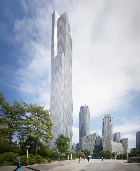The Guangzhou CTF Finance Centre rises to a total height of 530 m (1,739 ft) on a site overlooking the Pearl River in Guangzhou, China