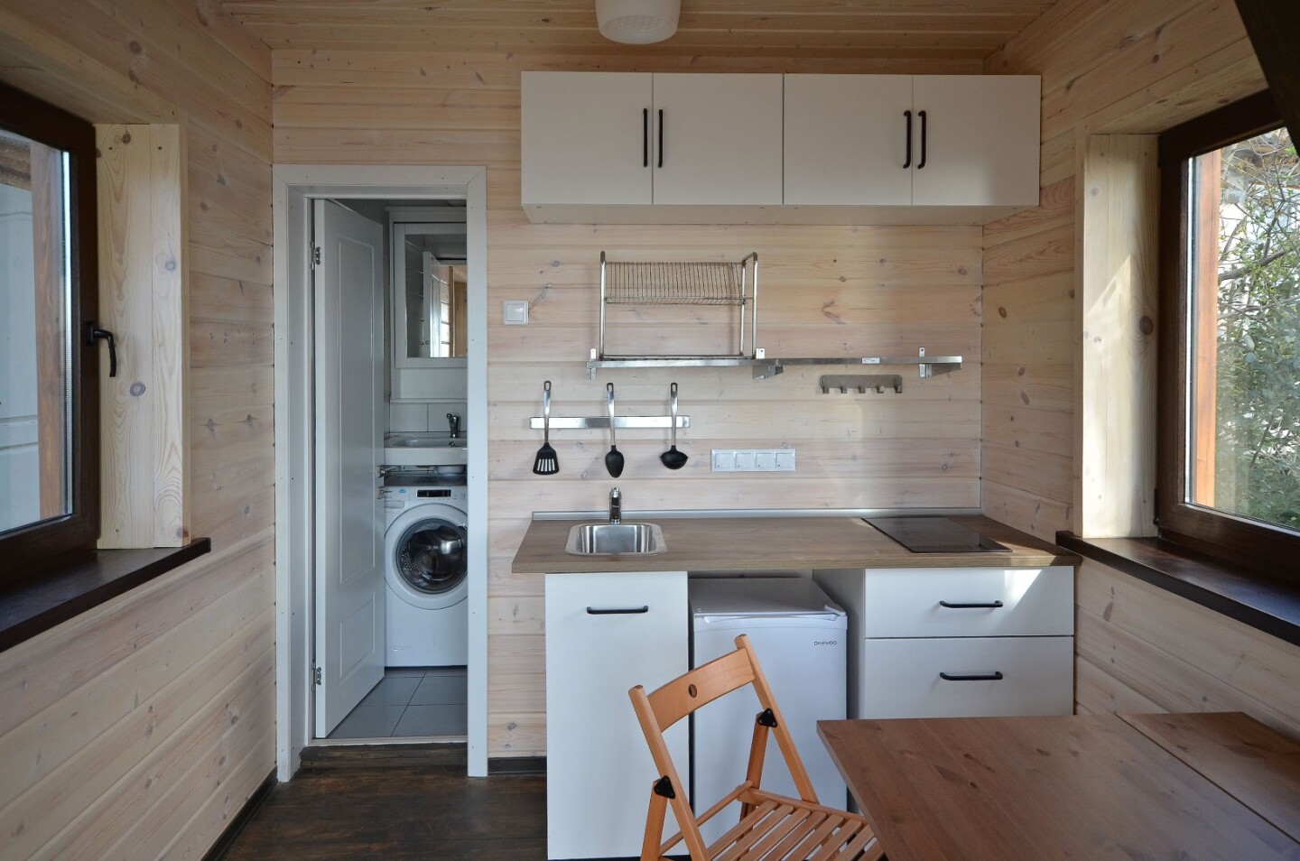 View of the S22's kitchen, with bathroom in the background