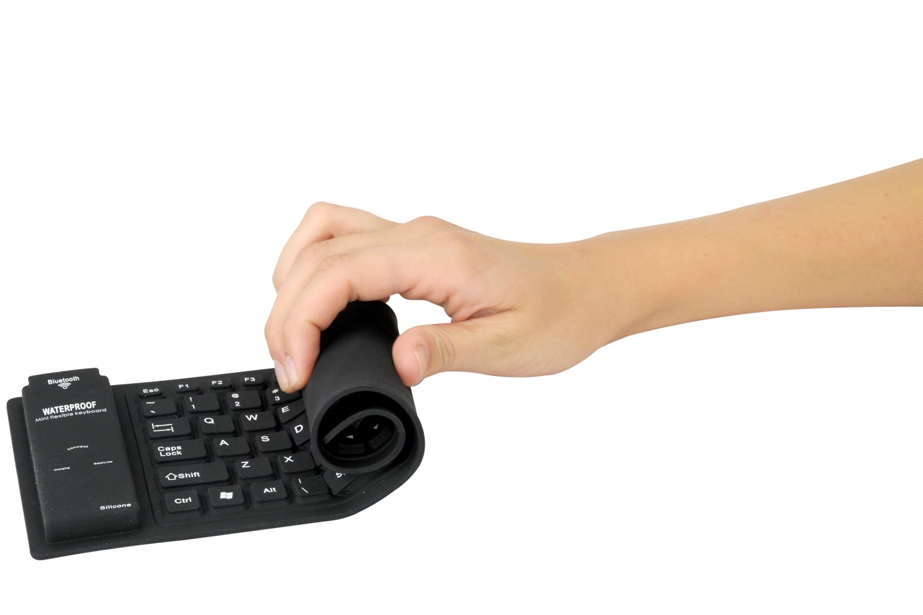 The freeKEY splash-proof, wireless keyboard can be rolled up and stowed away in a pocket or laptop bag when not in use