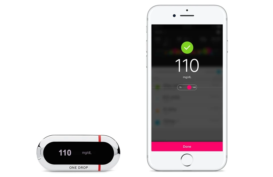 The One Drop glucose meter can connect to a phone via Bluetooth to automatically log a user's data in the app