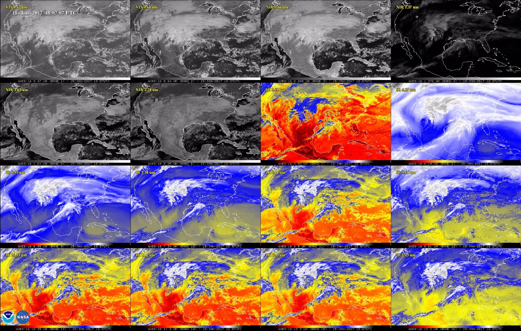 16-panel image displaying the Continental United States. Two of the images represent the visible spectral channel, four in the near-infrared, and 10 in the infrared channels capable of being captured by GOES-16's ABI instrument