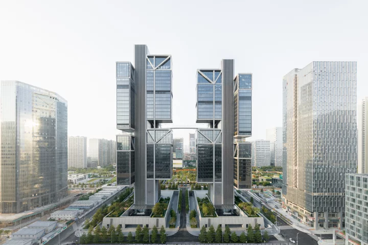 DJI Sky City consists of two skyscrapers. The taller of the two rises to a height of 212 m (695.5 ft), while its counterpart reaches 194 m (636 ft)