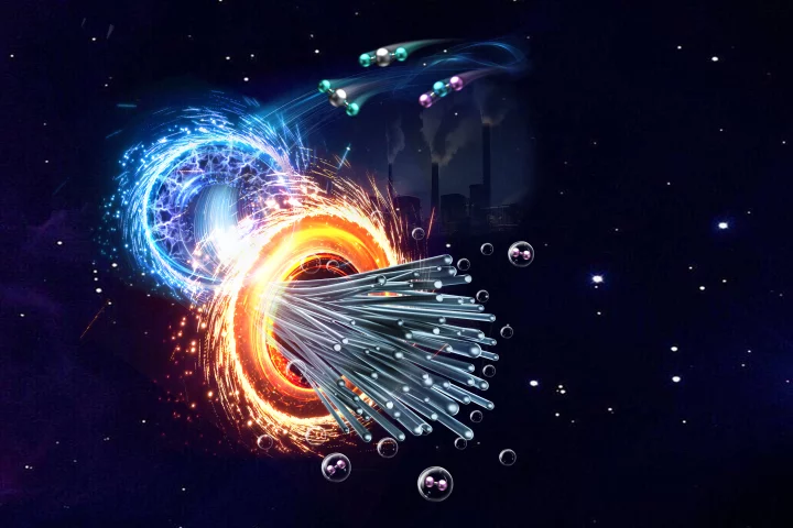 In this illustration of the process, the blue ring represents the electrocatalytic reaction while the orange ring represents the thermocatalytic phase