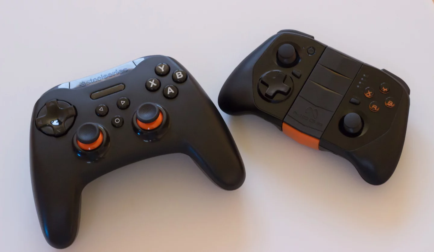 Two gamepads we tested: the Steelseries Stratus XL (left) and Moga Hero Power