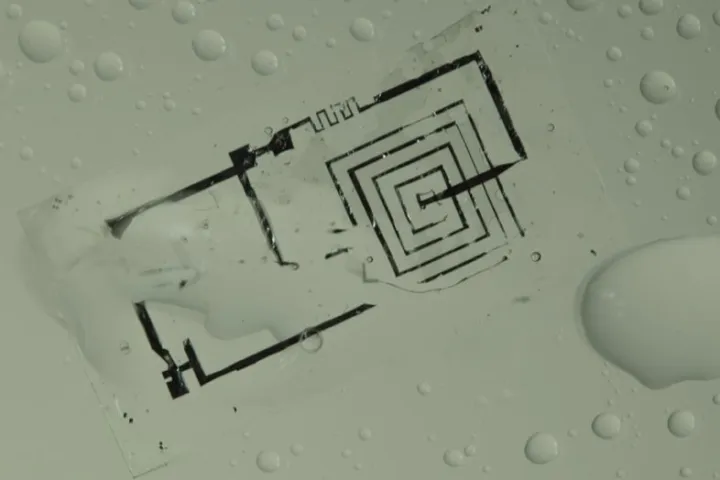 A biodegradable integrated circuit during dissolution in water (Photo: Beckman Institute, University of Illinois and Tufts University)