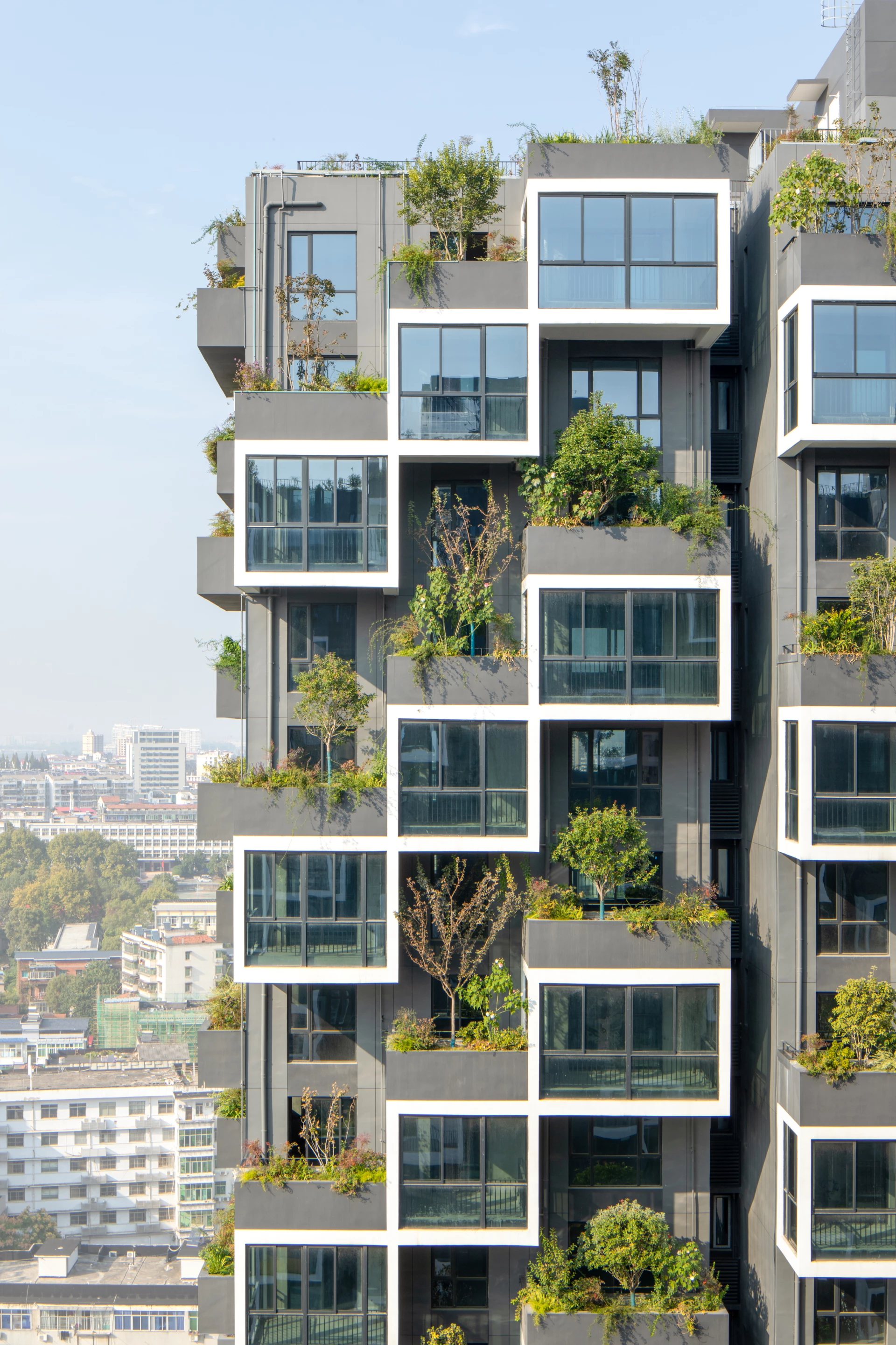 Much of the greenery on the Easyhome Huanggang Vertical Forest City Complex's exterior is made up of local species
