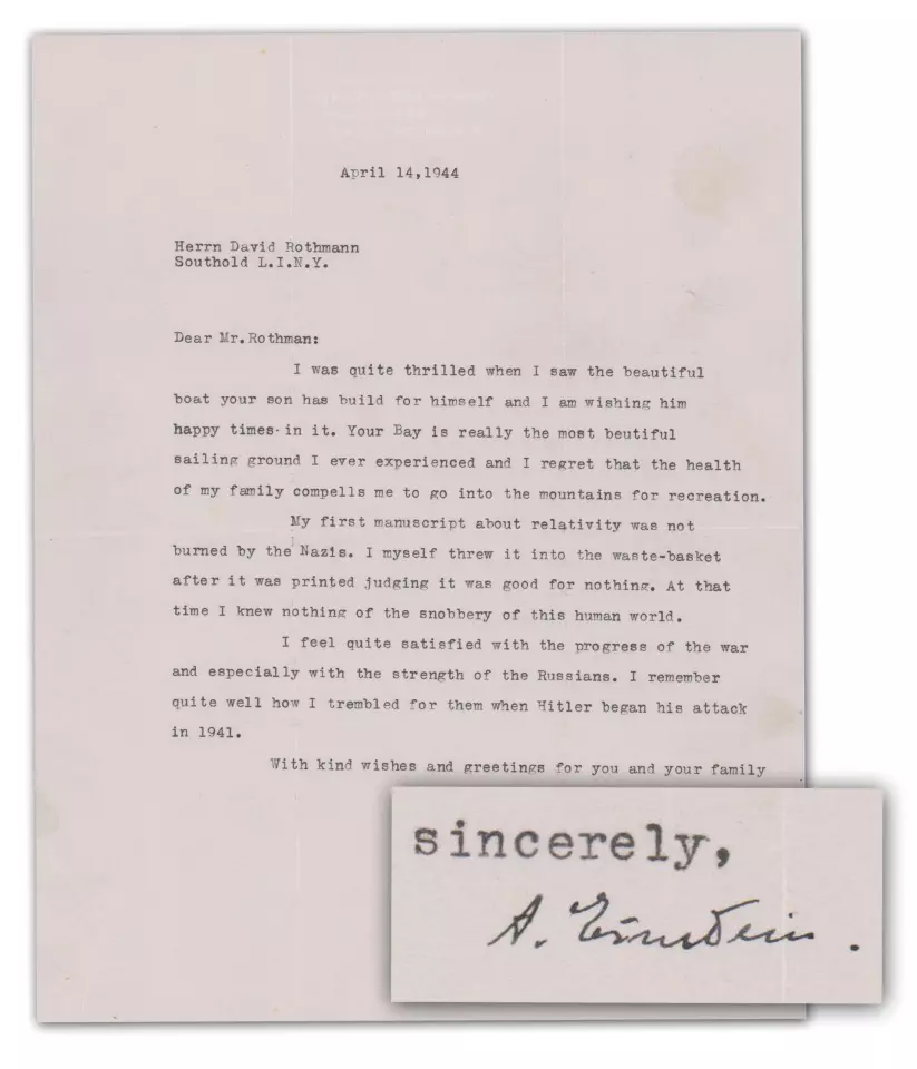 This one page letter signed by Albert Einstein (1944) was sold for $100,000 at University Archives on 6 January 2021