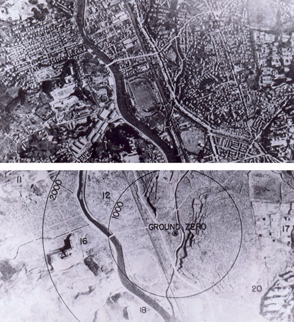 Before and after images of the Hiroshima bombing