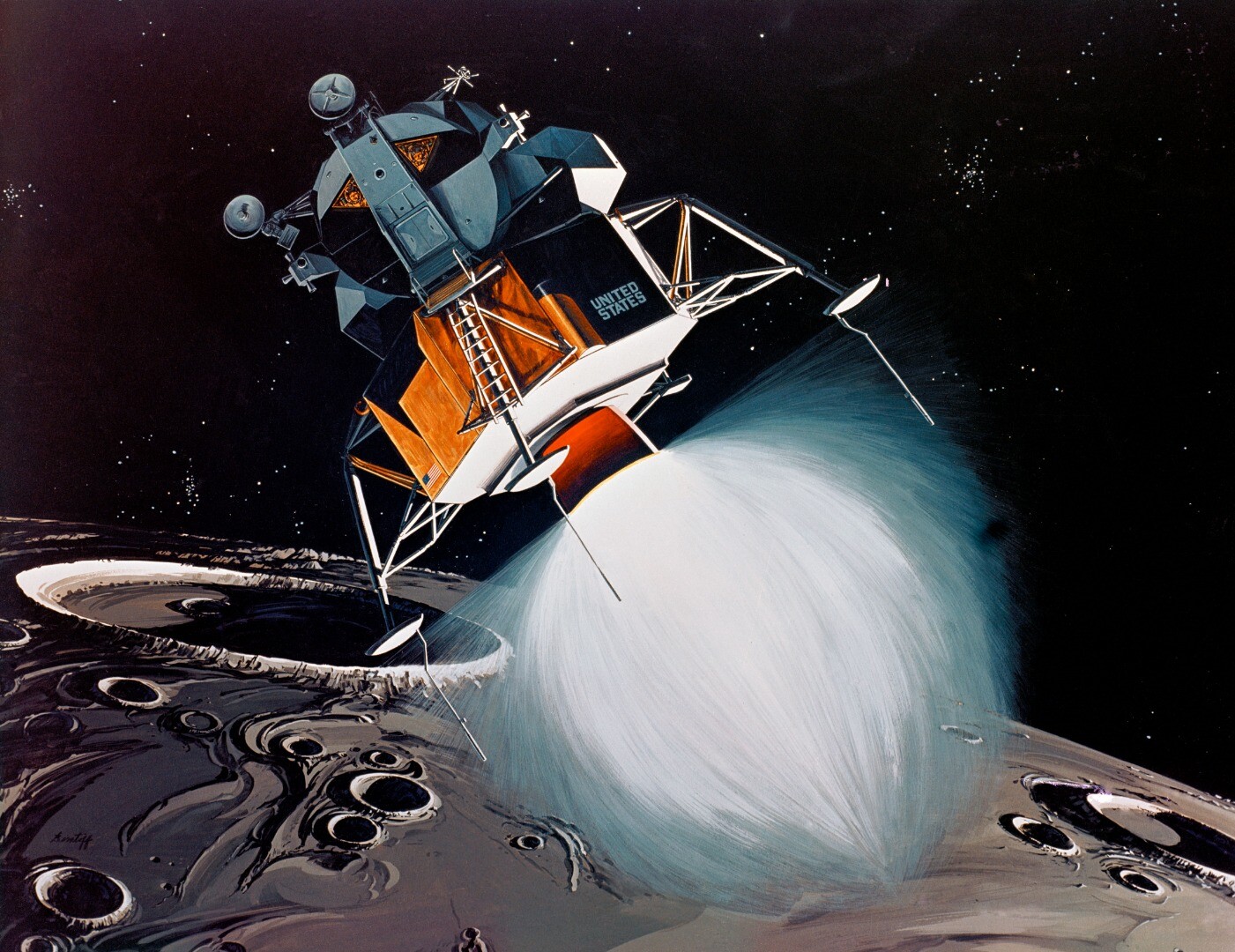 Artist's concept of a Lunar Module coming in for landing