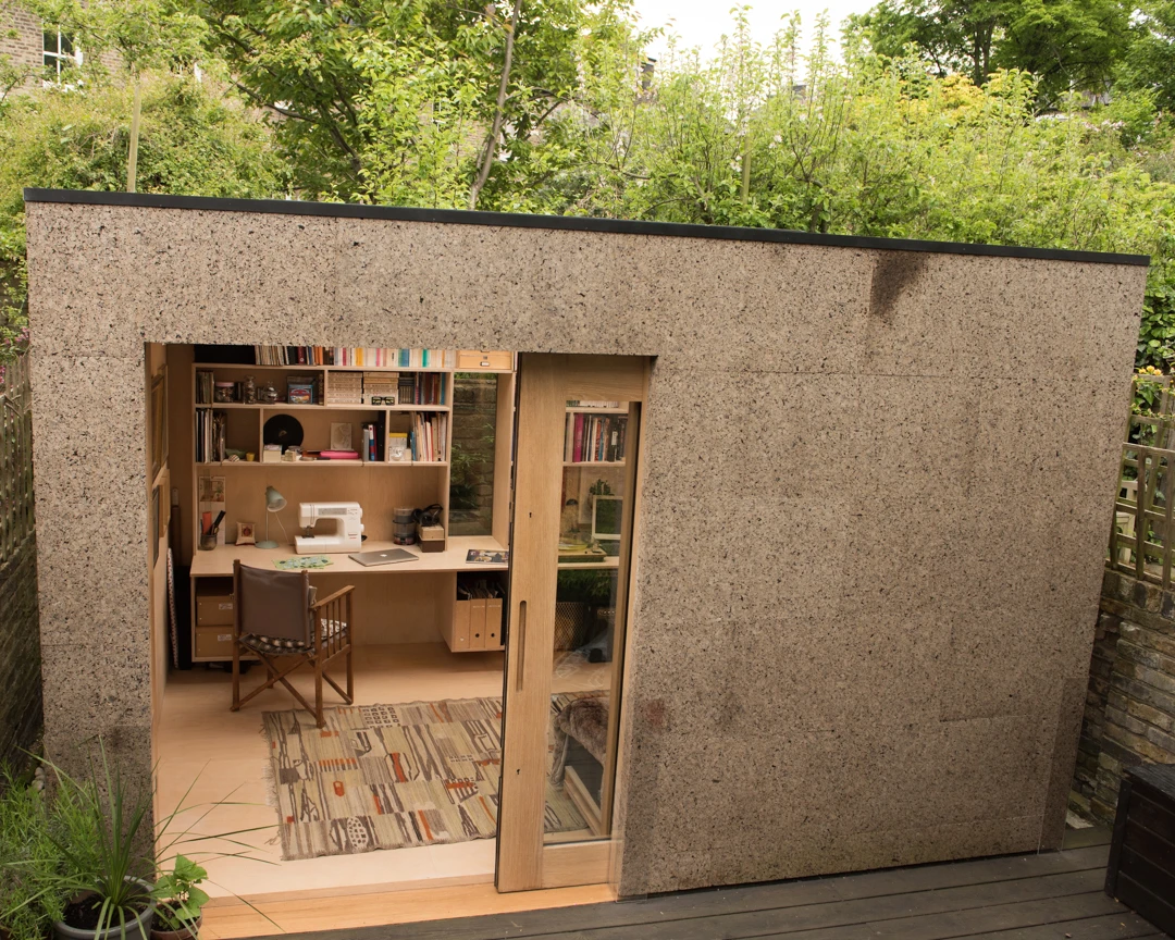 The Cork Shed is used as a small music and textile studio