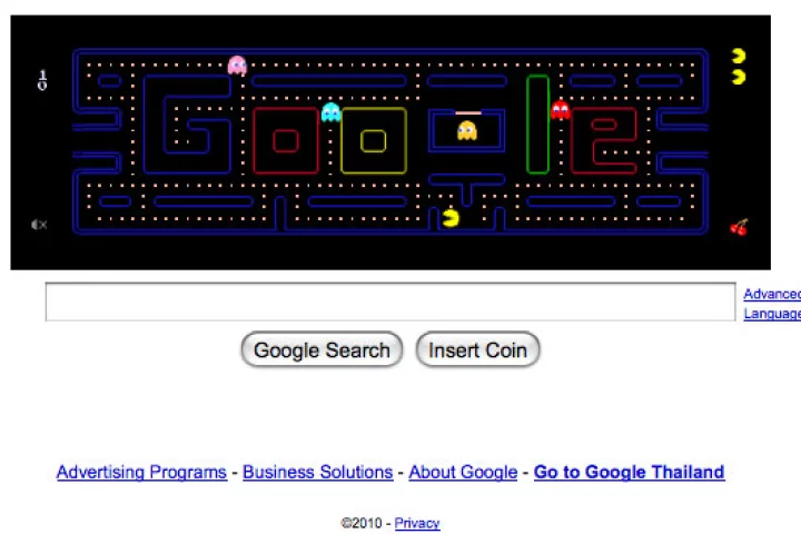 Pacman's 30th birthday tribute on the front page of Google