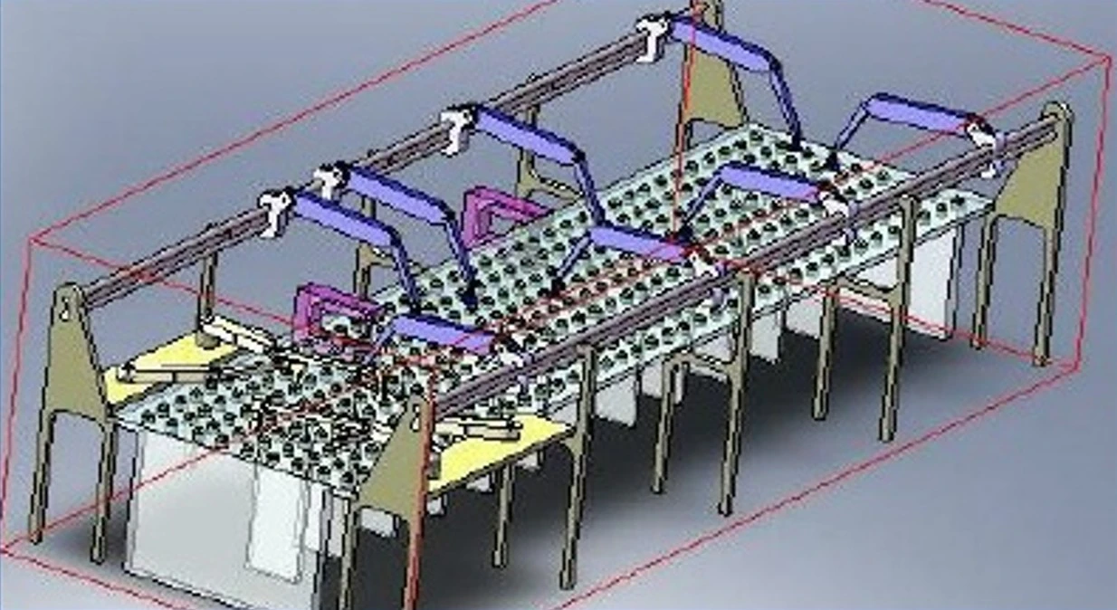 The SoftWear system uses an overhead "pick and place" robot system to move garments between work stations
