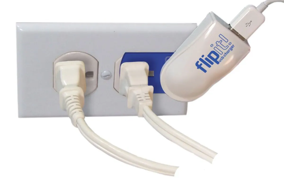 The Flipit is a charging device that draws power from electrical outlets that are already in use