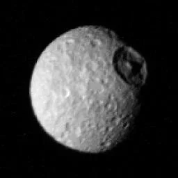 Mimas, a moon of Saturn, visited by Voyager 1 in late 1980