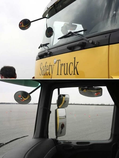 Improved all-round visibility for the driver and a substantial safety bonus for other road users especially pedestrians and cyclists – is assured by this updated mirror system which now all but totally eliminates blind spots. The front mirror, available f
