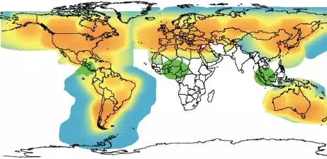 Global Phone coverage map (orange = primary coverage area, yellow = extended service area with weaker signal, blue = fringe area with weakest signal, green = coverage to be added in 2013)