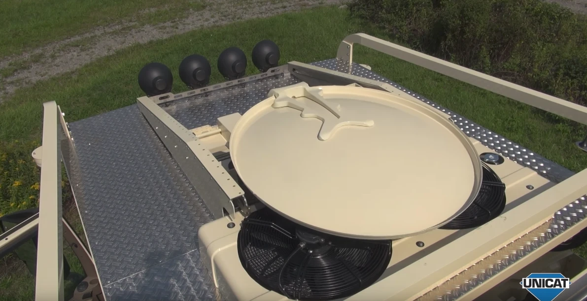 The satellite dish sliding back for hatch access