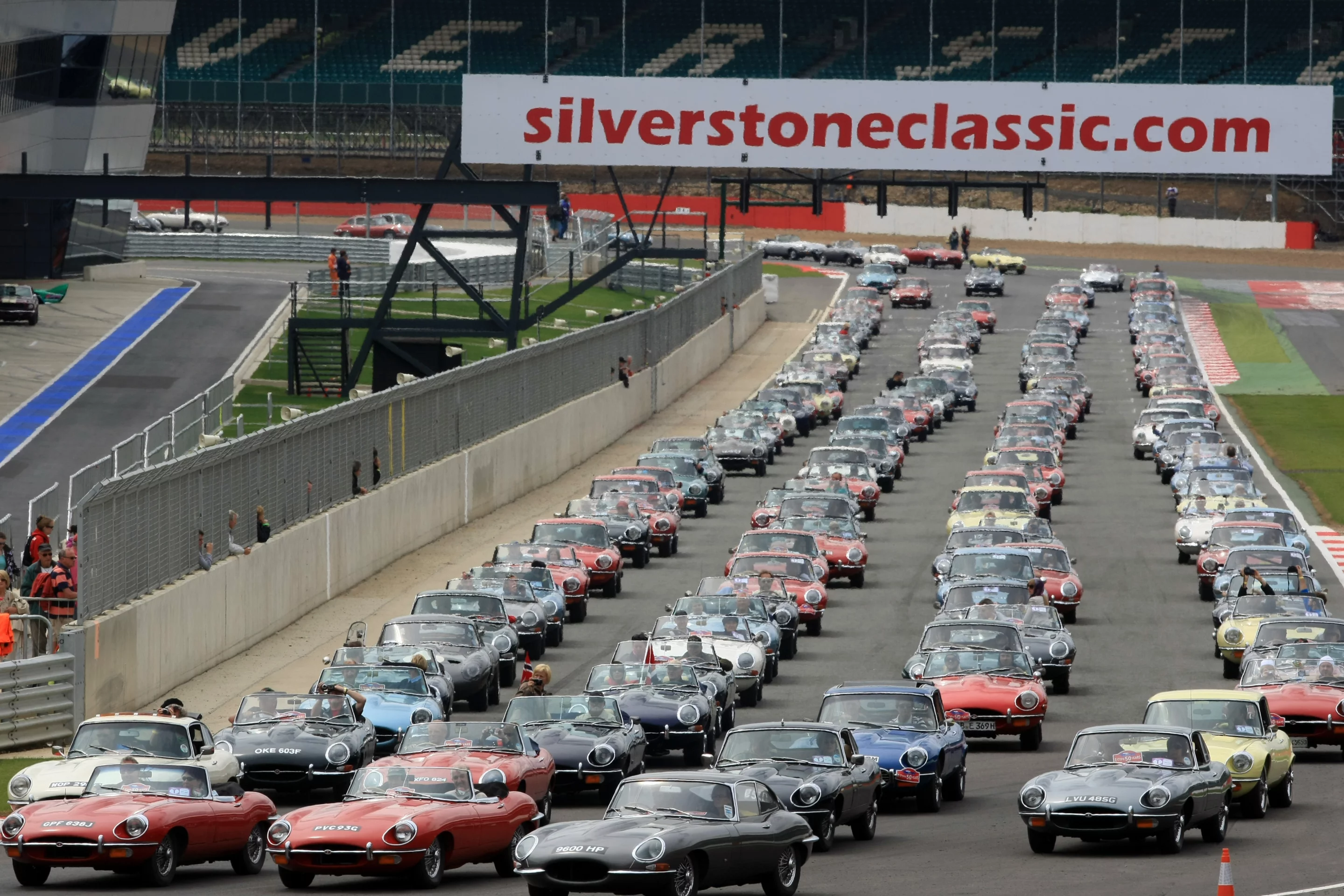 A mass gathering of E-Type Jaguars at the Silverstone Classic