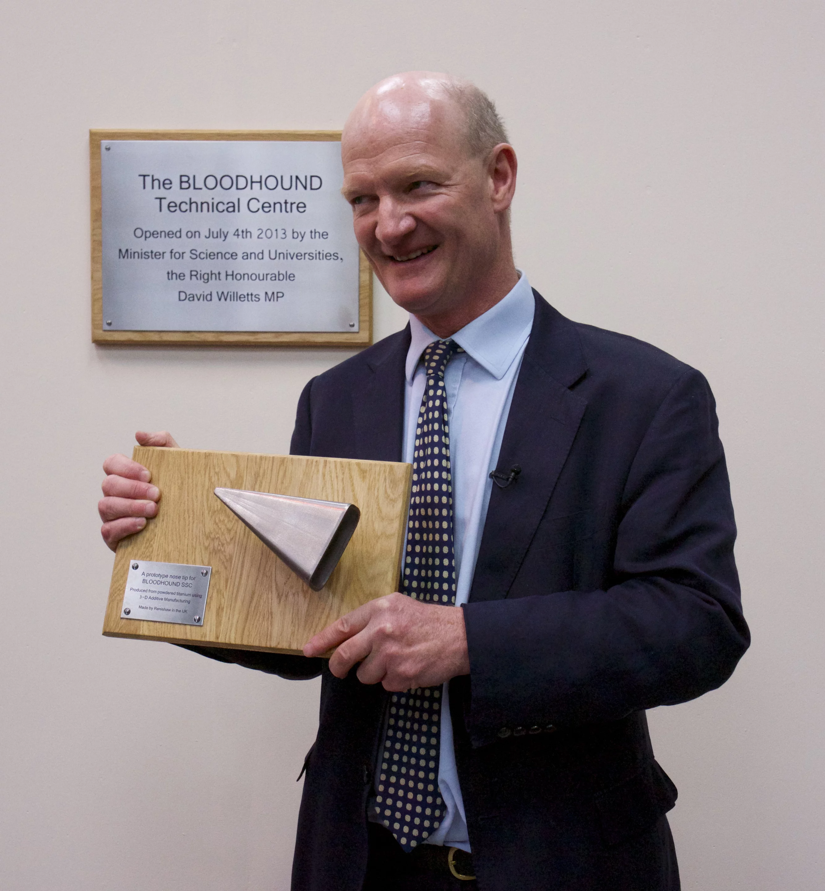 Science Minister David Willetts, who opened the BLOODHOUND Technical Centre, was presented with a special commemorative plaque containing a prototype nose tip