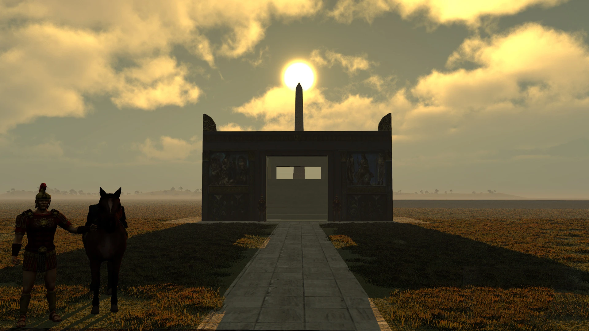 Virtual simulation image of the sun atop the obelisk with the Altar of Peace in the foreground(Image: IU Bloomington)