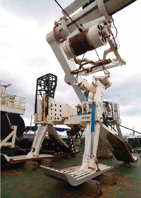 The underwater plow that is used to dig trenches in portions of the seabed where the cable needs to be buried to avoid damage from trawling fishermen